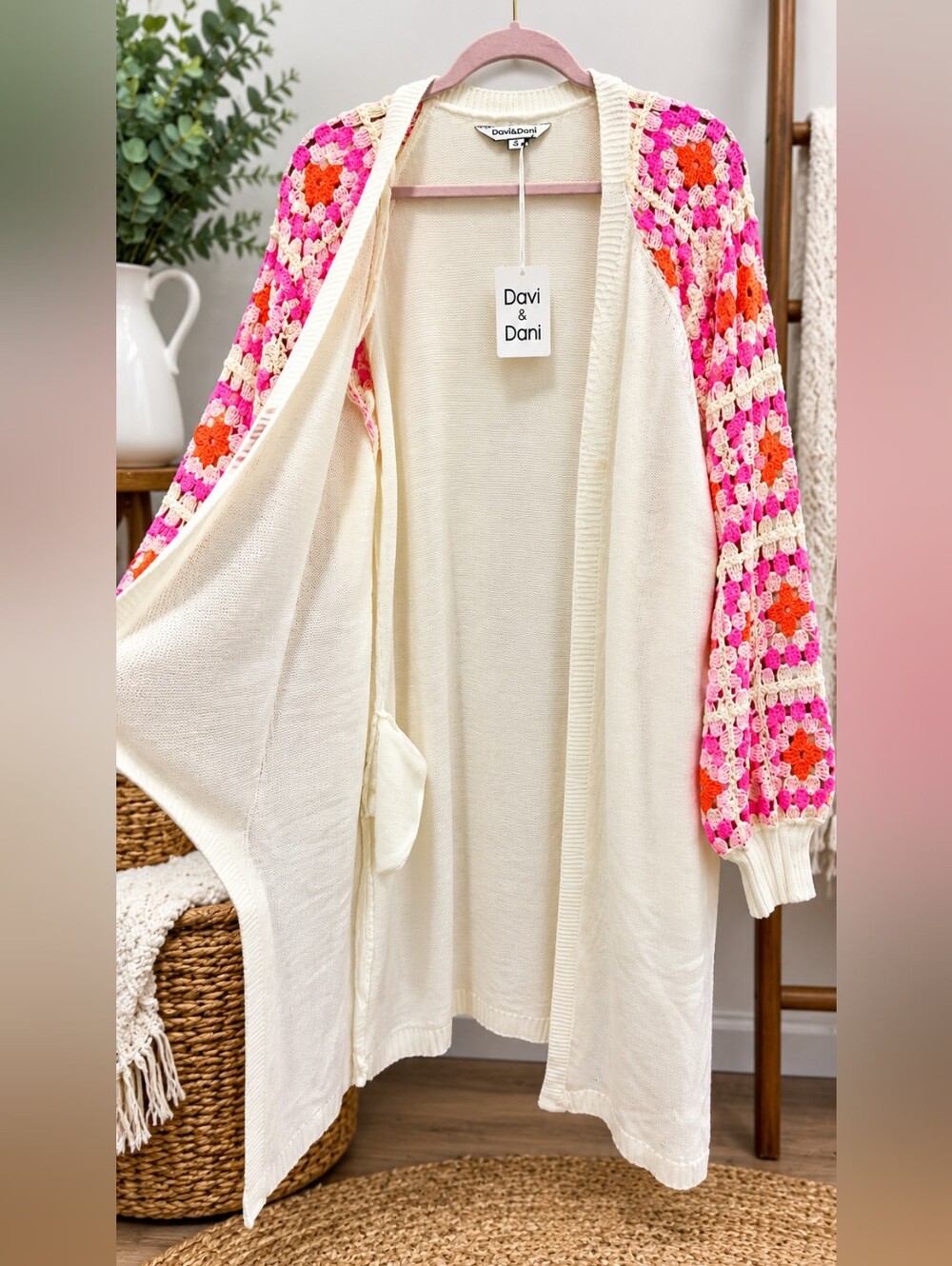 Davi & Dani Long Cardigan Granny-Square Crochet Sleeves Oversized Small NWT